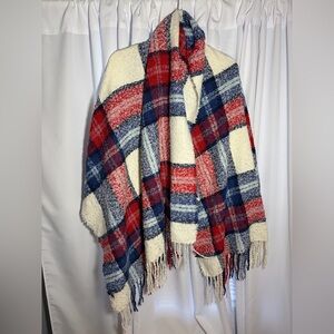 AERIE Red & Blue & White Plaid Blanket Scarf with Fringe